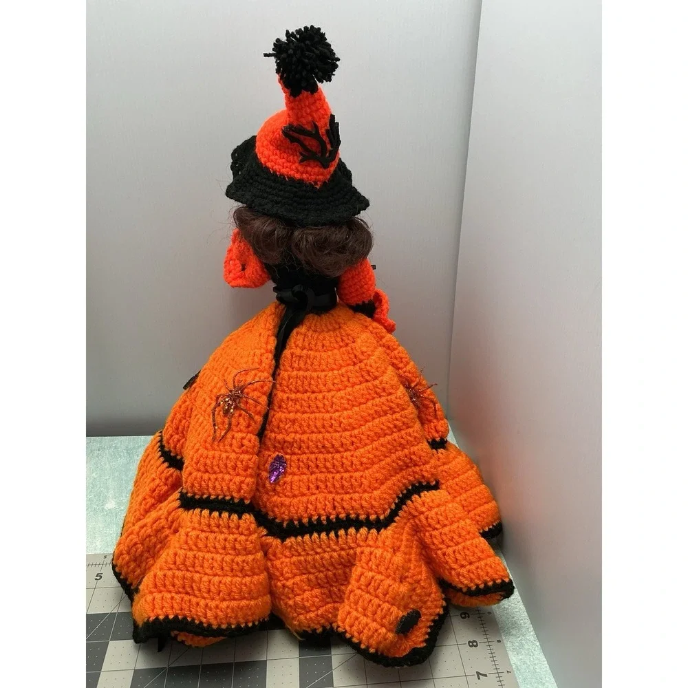 Vtg Halloween  Doll Black Hair Sleepy Eye Crochet Pumpkin Color Dress With Stand